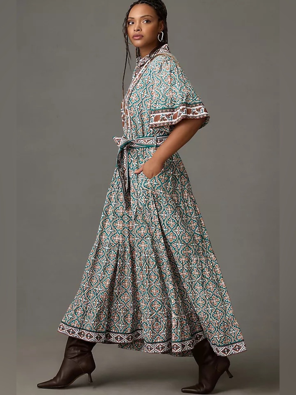 Anthropologie Sue Sartor Block Print Midi Dress 3X Teal Boho Ruffle Picnic 100% - Picture 3 of 5